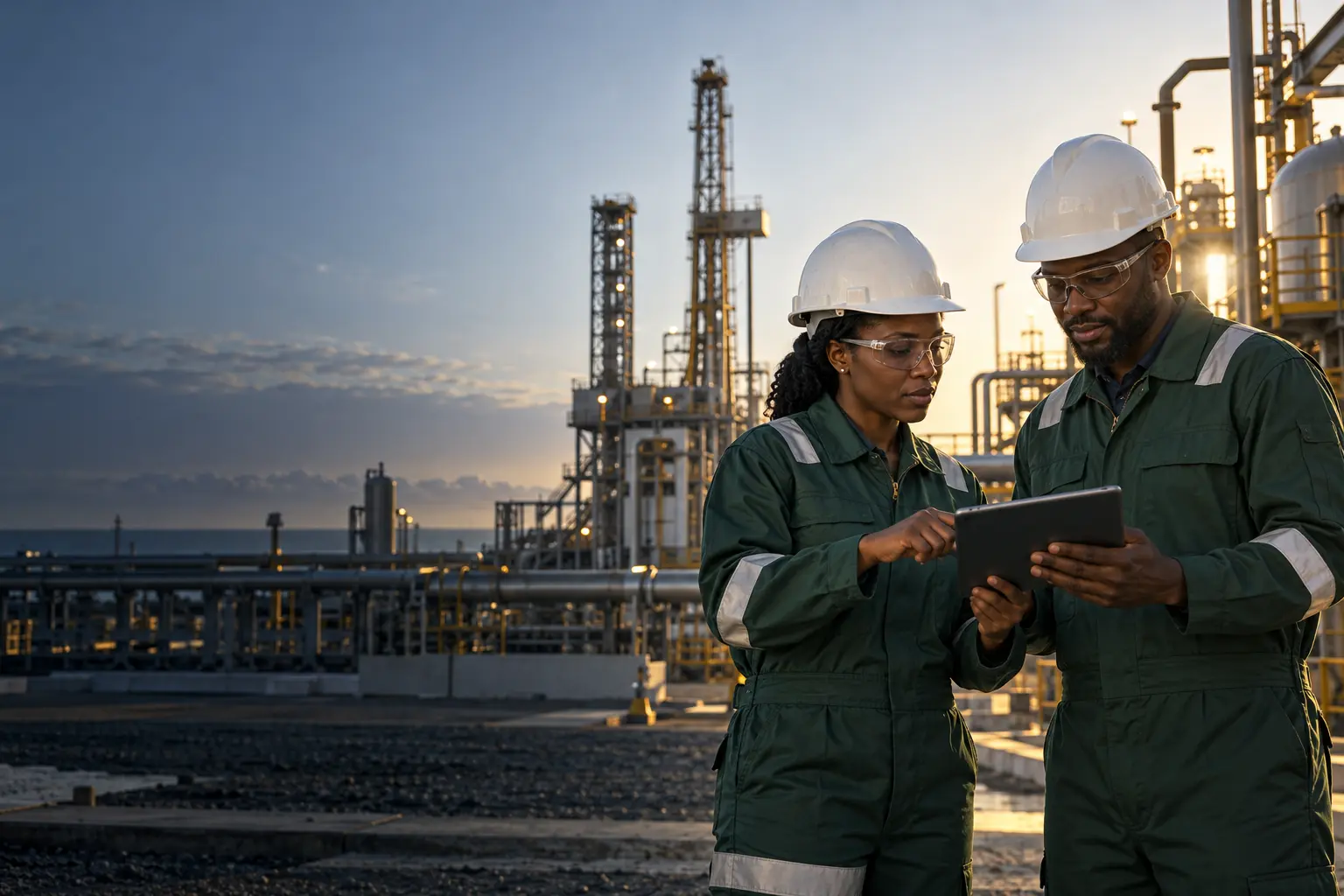 Illustrative engineers reviewing a tablet at an industrial energy site