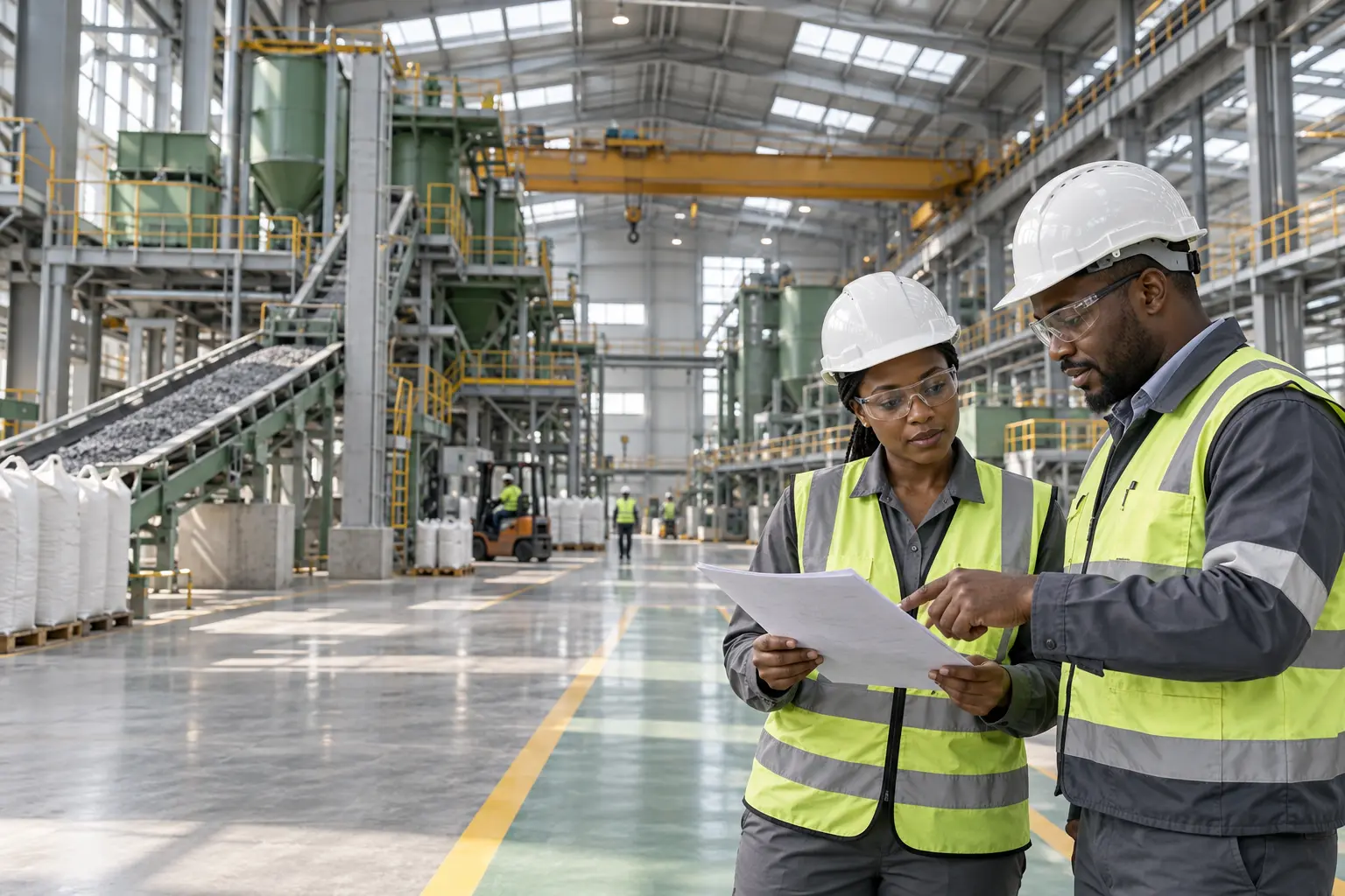 Illustrative engineers discussing a production plan in a manufacturing facility
