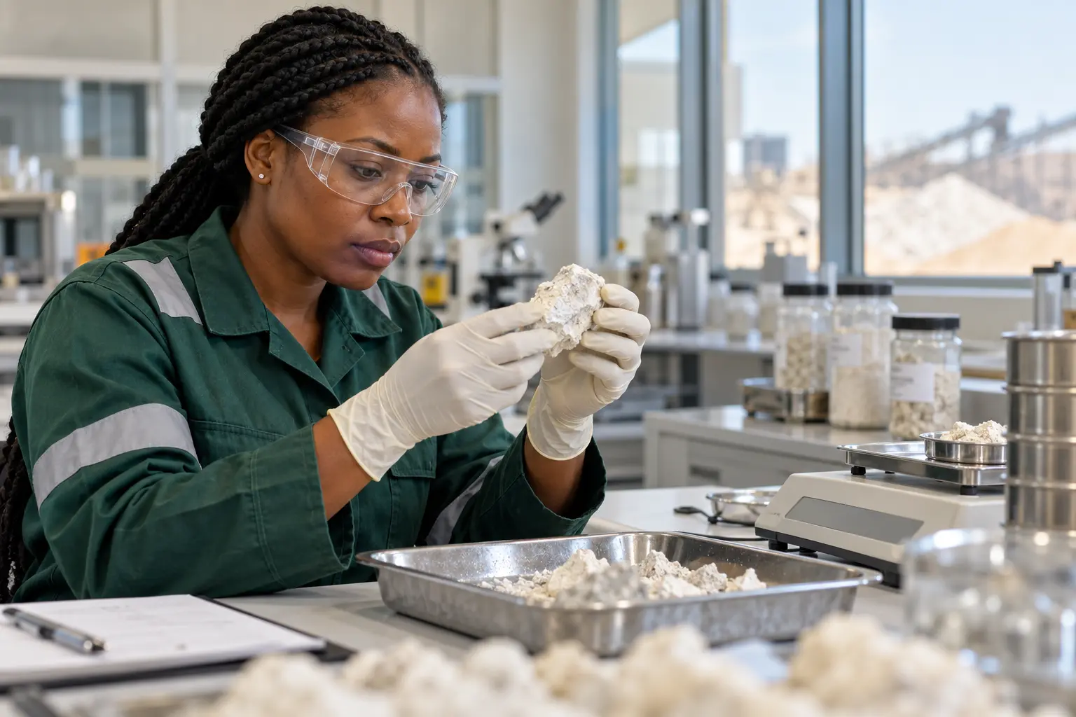 Illustrative quality technician examining a mineral sample at a laboratory bench